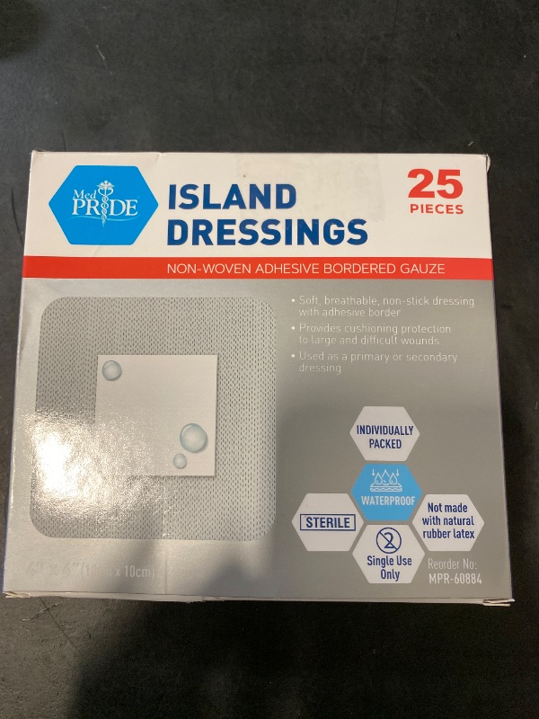 Photo 1 of  Sterile Bordered Gauze Island Dressings – 25 Count, 4" x 4" Gauze Pads, Disposable, Latex-Free, Adhesive Borders with Non-Stick Pads, Wound Dressing for First Aid Kit and Medical Facilities