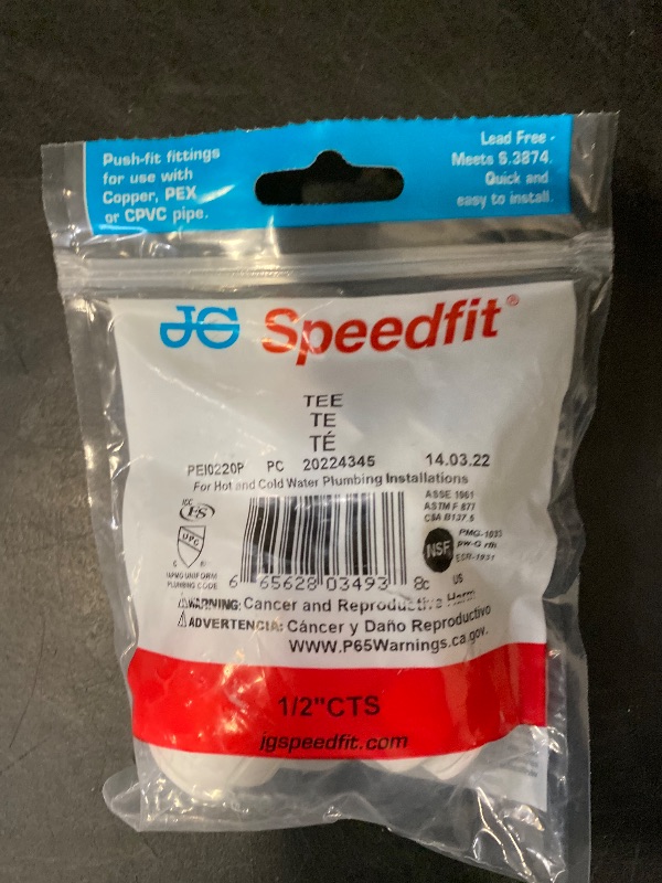 Photo 1 of John Guest Speedfit 1/2 Inch CTS Union Straight PEX Tee, Push to Connect Plastic Plumbing Fitting, White, PEI0220P