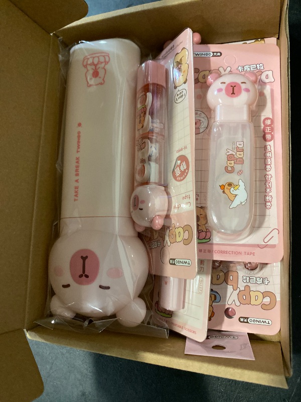 Photo 1 of Capybara Stationery Set,Cute Capybara School Supplies,Stationary Gift Set, Japanese Stationery Birthday GIFS, Includes Pencil Sharpener,Eraser, Correction Tape, Ruler, for Office School Supplies?Pink?