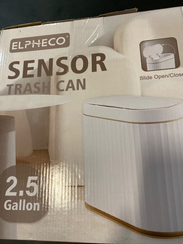 Photo 1 of ELPHECO Bathroom Trash Can with lid 2.5 Gallon Waterproof Motion Sensor Wastebasket, Automatic Trash Bin Garbage Bin for Bedroom and Office White with Golden Trim