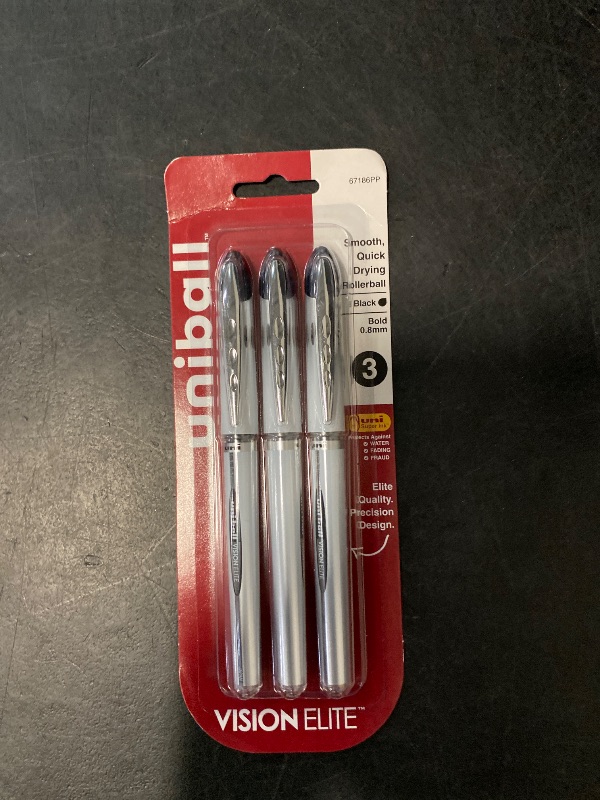 Photo 1 of Uniball Vision Elite Bold Rollerball Pens; Black Ink; Pack of 3; Fine Point Smooth Writing Pens; Office Supplies