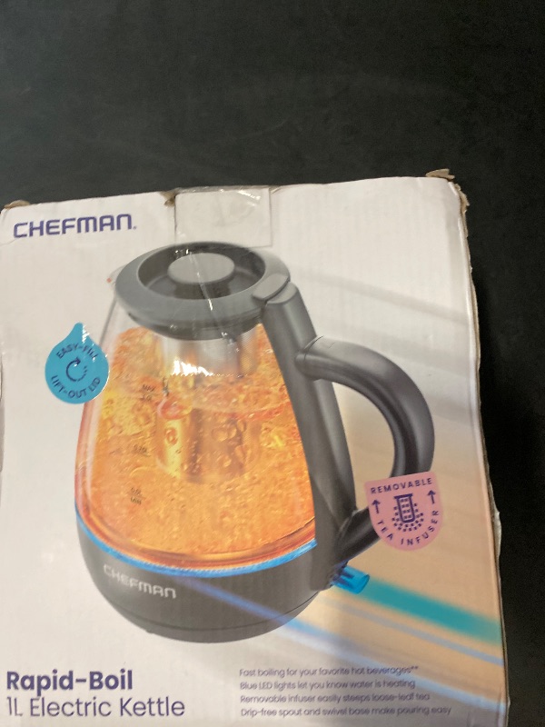 Photo 1 of Chefman Electric Kettle with Tea Infuser, 1L 1500W, Removable Lid for Easy Cleaning, Boil-Dry Protection, Stainless Steel Filter, BPA Free, Auto Shut Off Hot Water Boiler, Small Electric Tea Kettle
