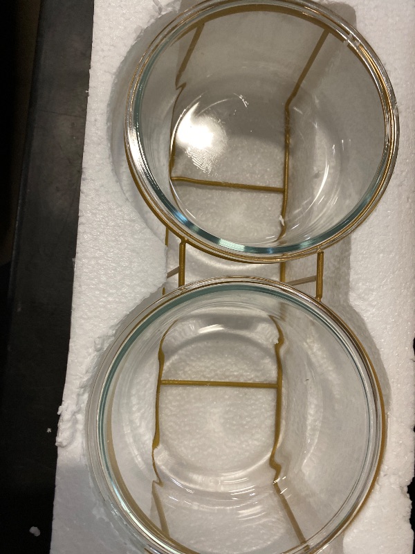 Photo 1 of Elevated Dog Bowl Set of 2 - Double Glass Bowls with Gold Iron Stand - Raised Dishes Comfortable Feeding - Ideal for Small to Medium Sized Dogs