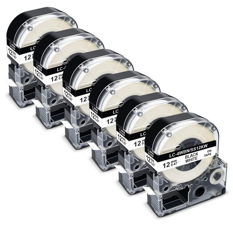 Photo 1 of 5-Pack Compatible for Epson Label Maker Tape LK-4WBN LC-4WBN LC 4WBN SS12KW 12mm 0.47" Black on White Refill Label Tape Work for Epson LabelWorks LW400 LW300 LW500 LW600P LW700 LW-K200PX, 