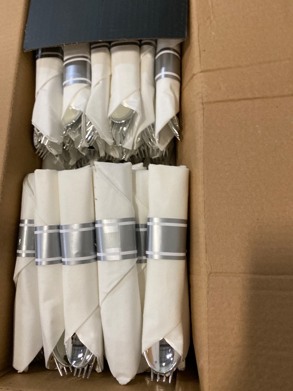 Photo 1 of Supernal Silver Plastic Silverware,Rolled Plastic Silverware,Pre Rolled Napkins with Plastic Cutlery Set,Wrapped Plastic Cutlery Set with Napkin,Silverware Set Disposable Dinnerware Set 120 Guests