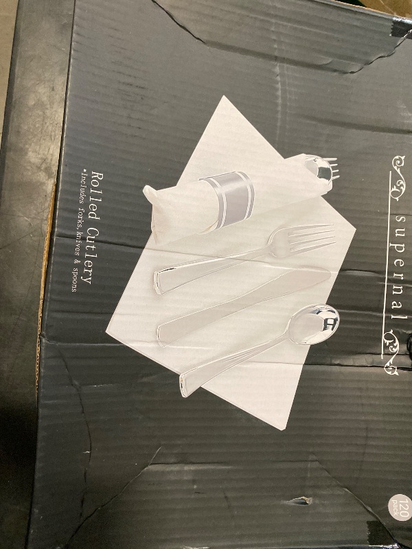 Photo 1 of Supernal Silver Plastic Silverware,Rolled Plastic Silverware,Pre Rolled Napkins with Plastic Cutlery Set,Wrapped Plastic Cutlery Set with Napkin,Silverware Set Disposable Dinnerware Set 120 Guests