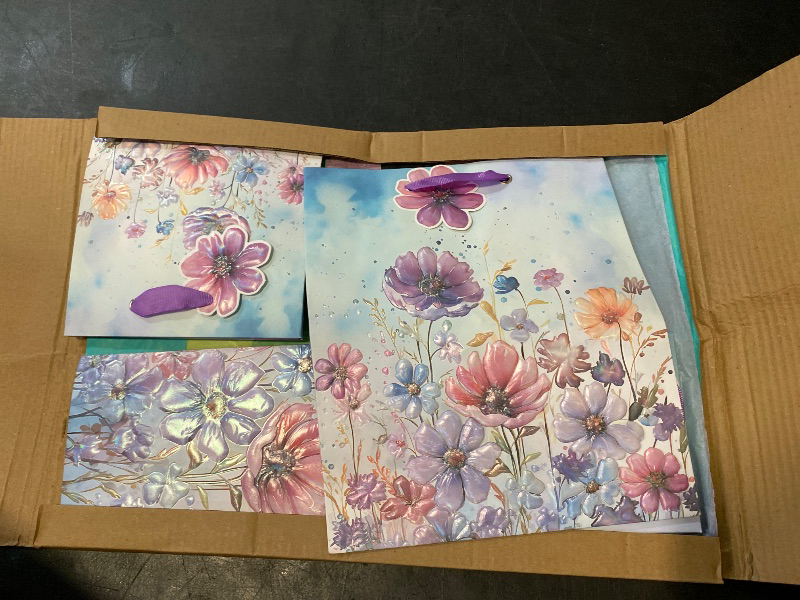 Photo 1 of 6 Pack Purple Flowers Pattern Embossed Paper Gift Bag with Handles, Assorted Paper Bags with 8 Pcs Tissue Paper for Girls/Women Baby Shower, Celebrations,Birthday, Wedding and Any Occasions