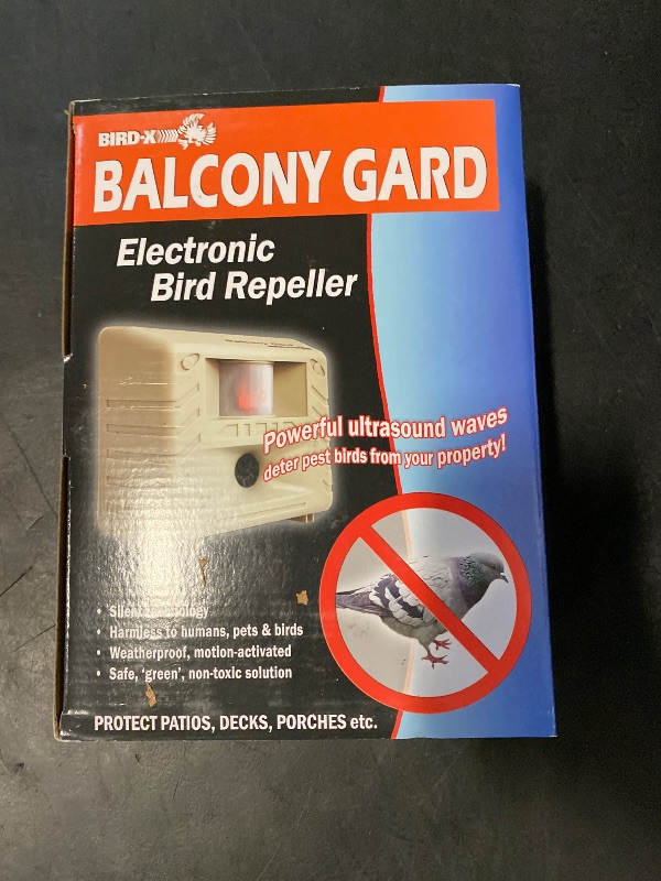 Photo 1 of Bird-X Balcony Gard, Ultrasonic Bird Preventer, Outdoor Bird Decoy with Motion-Sensor, Easy to Install, Covers up to 900 sq. ft., 15 to 25 kHz Frequency, 6.75" x 5.5" x 3.5"
