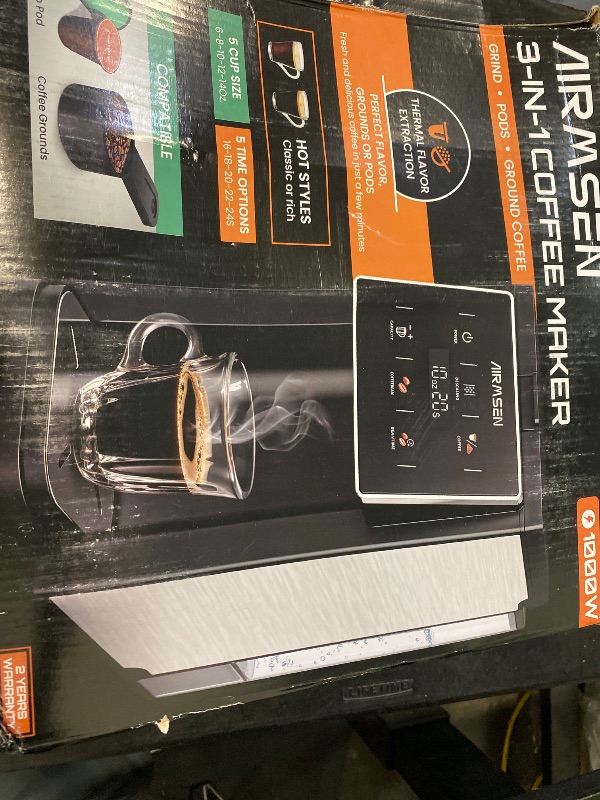 Photo 1 of AIRMSEN Grind & Brew Coffee Maker with Built-in Grinder - Single-Serve Machine Compatible with K-Cup Pods & Ground Coffee, 1000W Fast 6-14oz Brew, Descaling Alert, Touchscreen & 50oz Removable Tank