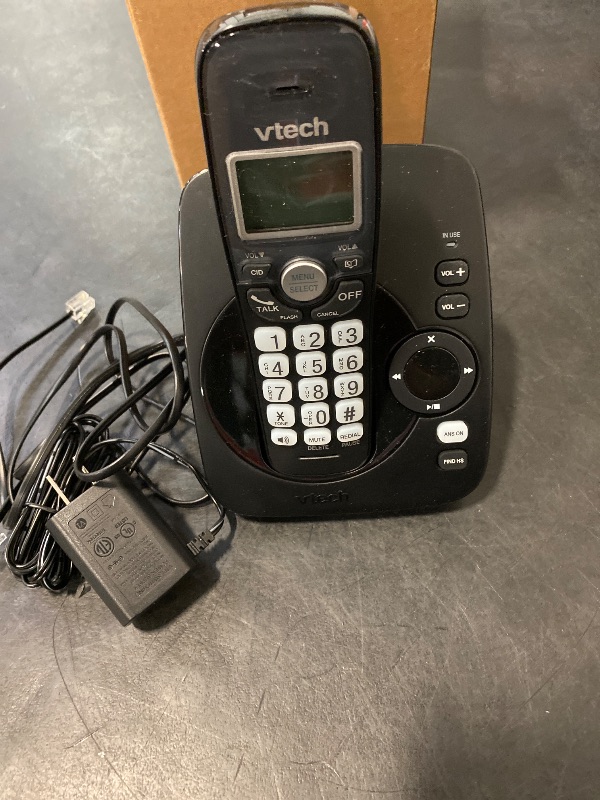 Photo 1 of VTECH VG104-11 DECT 6.0 Cordless Phone for Home with Answering Machine, Blue-White Backlit Display, Backlit Buttons, Full Duplex Speakerphone, Caller ID/Call Waiting, Reliable 1000 ft Range (Black)