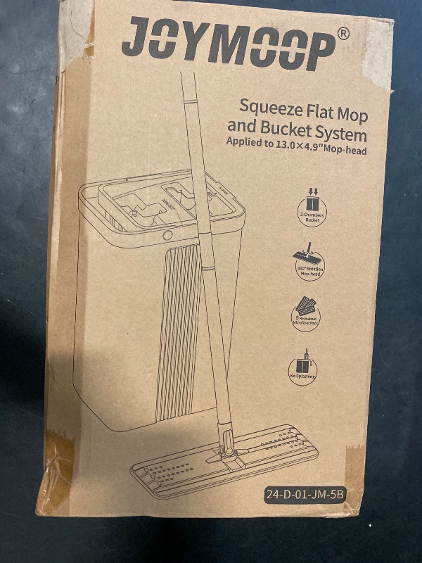 Photo 1 of JOYMOOP Mop and Bucket with Wringer Set, White Flat Squeeze Mop Bucket Set for Floor Cleaning, Wet Dry Mop for Walls, Wall Cleaner with Long Handle, Hardwood Floor Mop-5 Microfiber Cloths