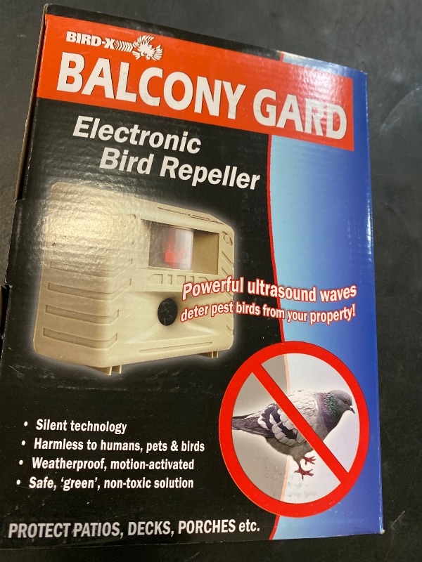 Photo 1 of Bird-X Balcony Gard, Ultrasonic Bird Preventer, Outdoor Bird Decoy with Motion-Sensor, Easy to Install, Covers up to 900 sq. ft., 15 to 25 kHz Frequency, 6.75" x 5.5" x 3.5"
