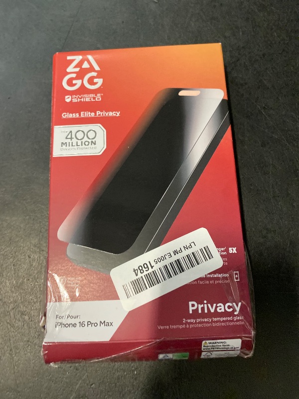 Photo 1 of ZAGG Glass Elite Privacy Screen Protector for iPhone 16 Pro Max - 2-Way Privacy Filter, Ultra-Strong Tempered Glass, 5X Stronger, InvisibleShield, Smudge-Free, Easy Install, Recycled Content