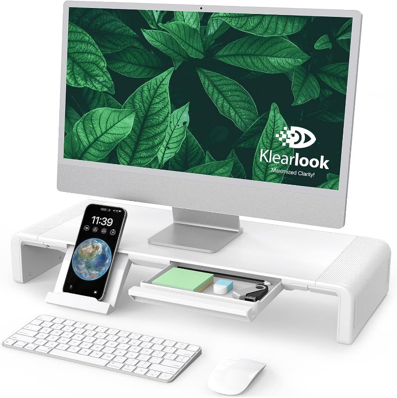 Photo 1 of Monitor Stand Riser, Klearlook Foldable, Height Adjustable Computer Stand, Desk Shelf Riser with Storage Drawer &Tablet Phone Stand for Desktop, Laptop (White)