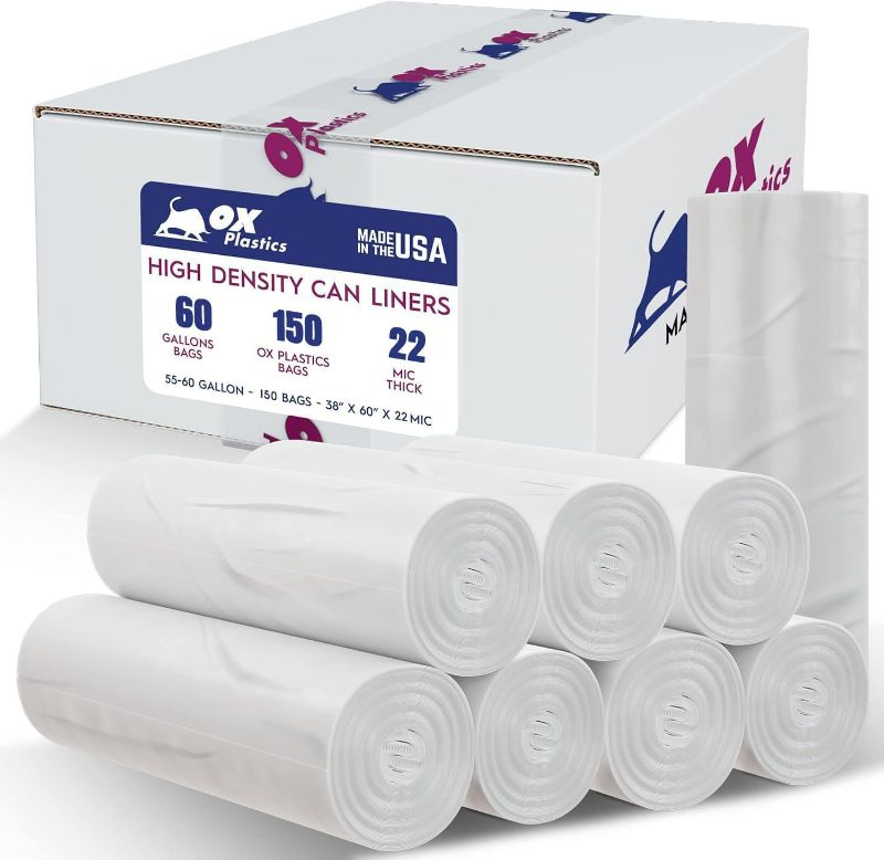 Photo 1 of 55-60 Gallon Trash Bags - High Density 38"x60", 150 Count Unscented Trash Can Liners - Multipurpose Clear Garbage Bags for Bathroom, Kitchen or Office Wastebaskets (22 Microns) Made in USA