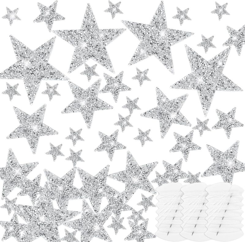Photo 1 of 80 Pcs Iron on Star Patches, 3 Sizes Silver Rhinestone Adhesive Applique Patches Sparkly Star Shape Patches with 3 Sewing Kits Needles Thread for Clothing Jeans Jackets Bags Hats Repair Decoration