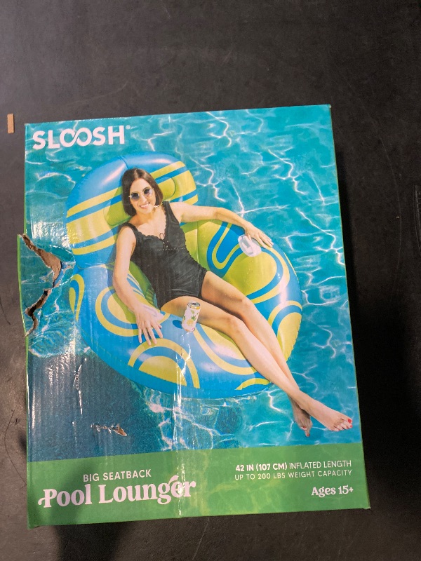 Photo 1 of Sloosh Inflatable Pool Float Lounger - River Tube Floating Chair Sofa with Big Backrest, Blow Up Floaties Lake Raft Lounge with Mesh Bottom Handle Cup Holder Pool Party Toys for Adults (Blue Yellow)