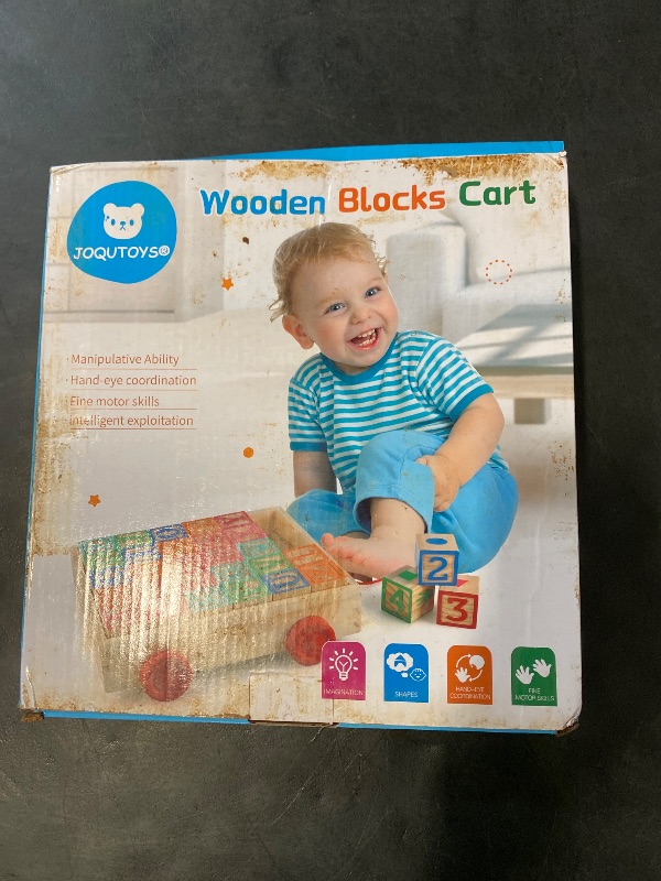 Photo 1 of Joqutoys Wooden Building Blocks for Toddlers 1-3, Large Wood Baby Stacking Blocks Set for Kids, 30 PCS Alphabet Blocks with Toy Wagon, Educational Wooden Toys for Boys Girls Gifts 1.65"