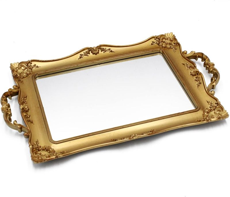 Photo 1 of Antique Decorative Gold Framed Square Mirror Tray, Jewelry & Cosmetics Organizer for Dresser, Square - 9.5" W x 14.5" L (Golden)