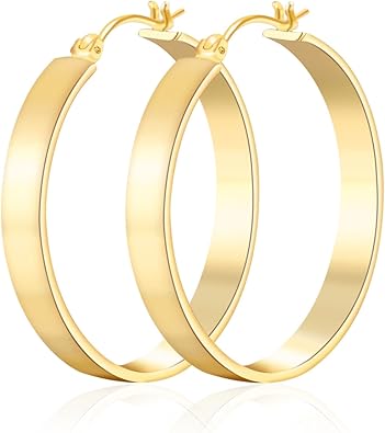 Photo 1 of 14K Gold Hoop Earrings for Women Trendy, Flat Square-edge 14k Gold Earrings Chunky Earring Classic Dainty Hoops Earring for Womens
