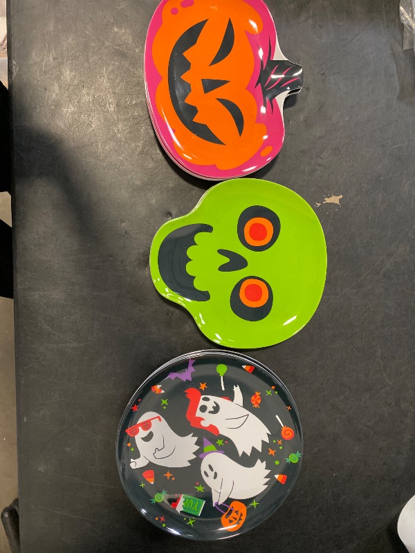 Photo 1 of 4pack 10" Halloween Melamine Ghost Dinner Plate, 5pack 9.05" Halloween Melamine Figural Skull Appetizer Plate Green and 5pack 8.3" Halloween Melamine Figural Pumpkin Appetizer Plate 