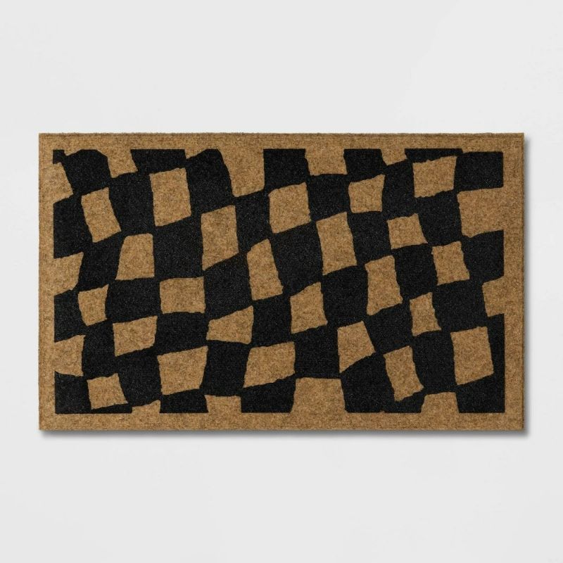 Photo 1 of 1'6"x2'6" Halloween Checkered Faux Coir Doormat Natural/Black - Hyde and EEK!