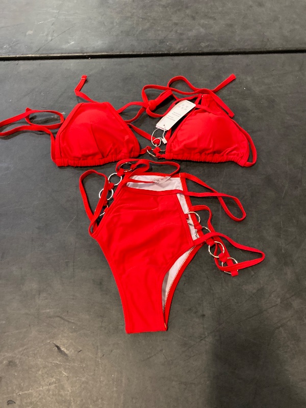 Photo 1 of (L) EJsoyo Womens Sexy Thong Bikini Swimsuits String Push up Padded Bathing Suit 2 Piece Cheeky Swimwear with Metal Ring (Large, Red)