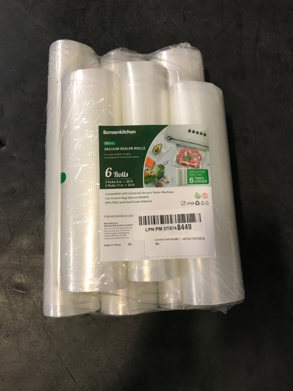 Photo 1 of Bonsenkitchen Vacuum Sealer Rolls Bags, 6 Pack 3 Rolls 11" x 20' + 3 Rolls 8" x 20' Commercial Grade BPA Free Bag Rolls, Durable Customized Size Food Vac Bags for Storage and Sous Vide Cooking VB3211