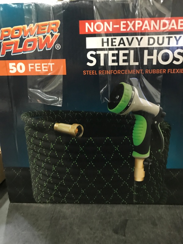 Photo 1 of PowerFlow Garden Hose, NON-EXPANDABLE 50 Feet Premium Quality Stainless Steel Metal Water Hose with Durable Fabric Skin, Hose For Commercial, Residential Use, Bonus 10-way Spray Nozzle (50 Ft, Black)