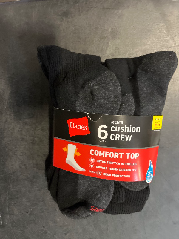 Photo 1 of Size 12-14 - Hanes Mens Max Cushioned Socks, Moisture-wicking With Odor Control, 6-pack B&T ComfortTop White Crew, Black/Grey Foot Bottom - 6 Pack, 12-14 US
