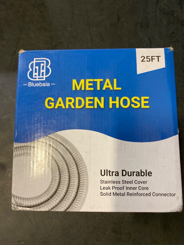 Photo 1 of Bluebala Metal Garden Hose - 25FT Heavy Duty Stainless Steel Water Hose with 8-Mode Spray Nozzle, 3/4" Fittings, Leak Proof, Puncture Resistant, No Kink, Lightweight Outdoor Hose for Yard, Farm, Car
