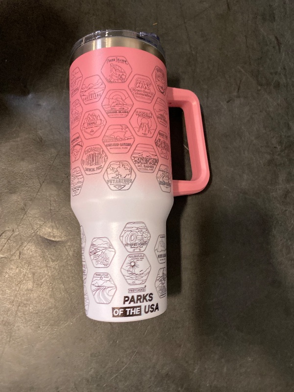 Photo 1 of National Parks Water Bottle with Waterproof Sticker 40oz Tumbler with Handle and Flip Straw Lid Vacuum Insulated Stainless Steel Double Wall Travel Coffee Mug for National Parks Gift (40oz,Pink white)