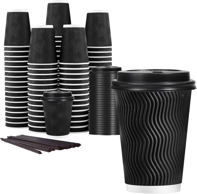 Photo 1 of Lamosi 12 oz Disposable Coffee Cups with Lids, 60 Pack Insulated Hot Cups To Go Paper Coffee Cups with Lids and Straws, Corrugated Ripple Wall Cup for Hot Drink, Office, Coffee Bar (Black)