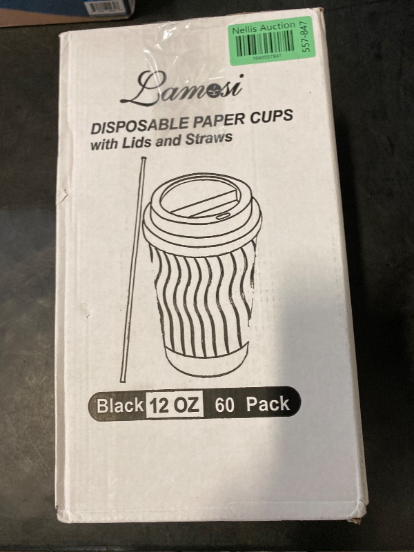 Photo 1 of Lamosi 12 oz Disposable Coffee Cups with Lids, 60 Pack Insulated Hot Cups To Go Paper Coffee Cups with Lids and Straws, Corrugated Ripple Wall Cup for Hot Drink, Office, Coffee Bar (Black)