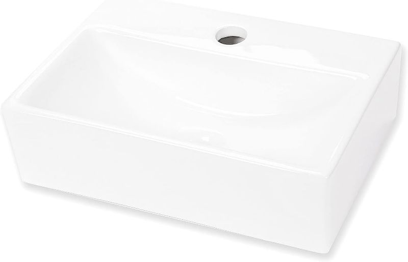 Photo 1 of Wall Mount Hang Small Vessel Sink, Ceramic Liberty Wall Mount Sink, Rectangle Bathroom Sink, Classic Look and Save Space, 14.5" x10"