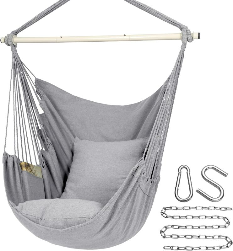 Photo 1 of Y- Stop Hammock Chair Hanging Rope Swing Chair, Max 500 Lbs, 2 Seat Cushions Included, Removable Steel Spreader Bar with Anti-Slip Rings, Hardware kit-for Indoor or Outdoor(Light Grey)