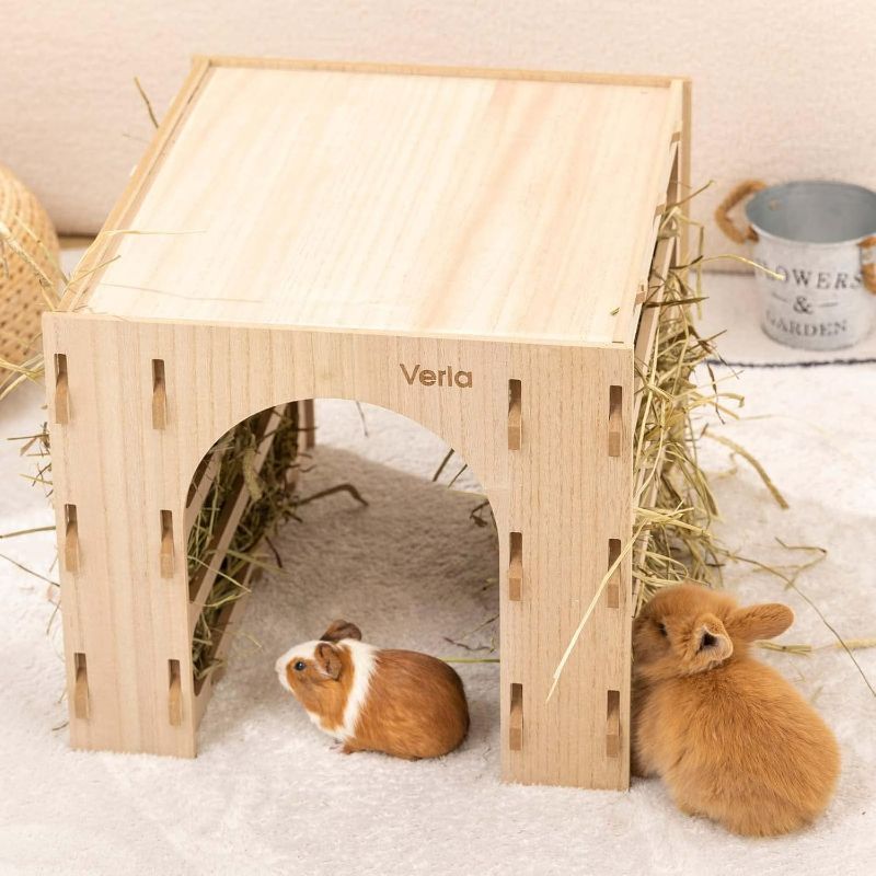 Photo 1 of Extra Large Wooden Rabbit Hideout with Tunnels and Hay Feeder - Multistory Bunny Castle with Stairs, Climbing Tower and Sturdy Habitat for Indoor Bunnies, Guinea Pigs, Chinchillas Small Animal