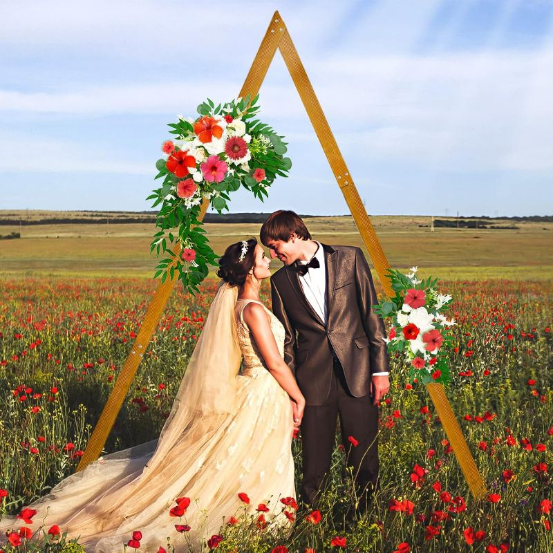 Photo 1 of Calmbee Wedding Arch 10.2FT, Triangle Wood Arch for Wedding Ceremony, Wedding Arbor Backdrop Stand for Garden Wedding, Parties, Indoor, Outdoor, Autumn Theme, Wooden Arch Rustic Decorations
