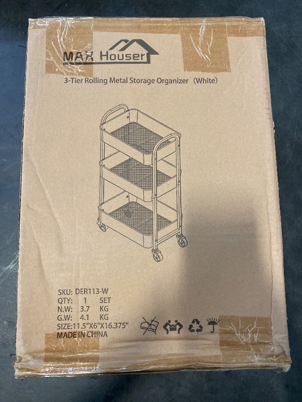 Photo 1 of MAX Houser 3-Tier Rolling Utility Cart with Caster Wheels,Easy Assembly, for Kitchen, Bathroom (White)