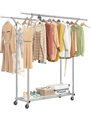 Photo 1 of Simple Trending Heavy Duty Double Rod Clothes Rack Load 400 LBS, Metal Commercial Garment Rack, Standing Rolling Clothing Rack for Hanging Clothes with Sturdy Wheels & Shelves, Chrome