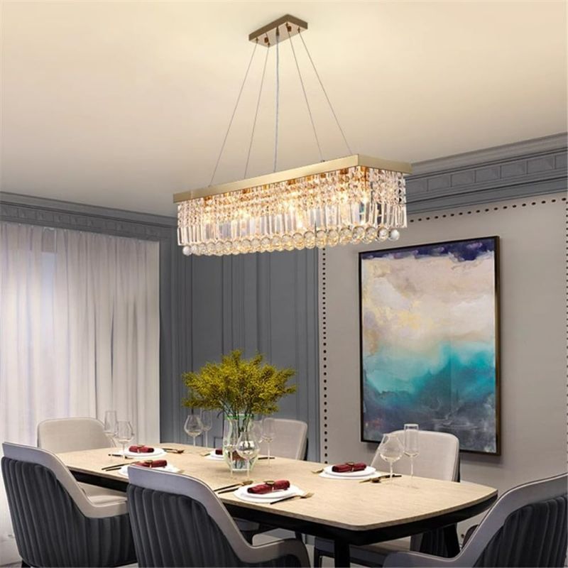 Photo 1 of Gold Rectangle Crystal Chandeliers - Modern Rectangular Chandelier Pendant Lighting Fixture Raindrop Dimmable for Kitchen Island Dining Living Room L40