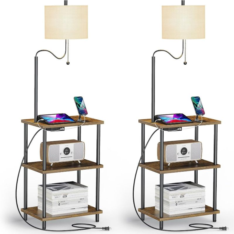 Photo 1 of Set of 2 Floor Lamp with Table, End Table with USB Charging Port Type-C, Power Outlet, Bedside Nightstand Shelves, Side Table with Reading Standing Light for Living Room Bedroom(Brown)