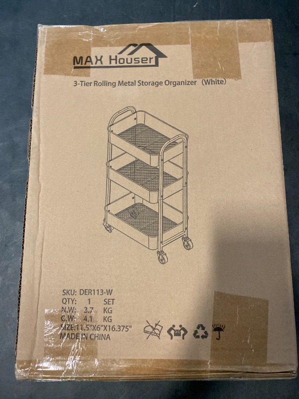 Photo 1 of MAX Houser 3-Tier Rolling Utility Cart with Caster Wheels,Easy Assembly, for Kitchen, Bathroom (White)