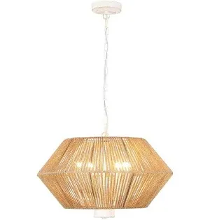 Photo 1 of de4-Light Distressed White Bohemian Geometric Dimmable Chandelier with Rattan Cage Shade