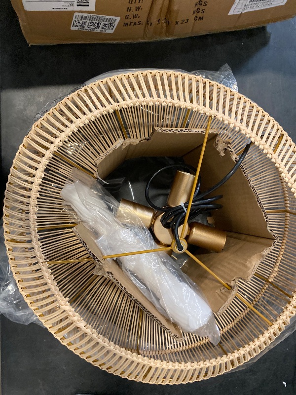 Photo 1 of de4-Light Distressed White Bohemian Geometric Dimmable Chandelier with Rattan Cage Shade