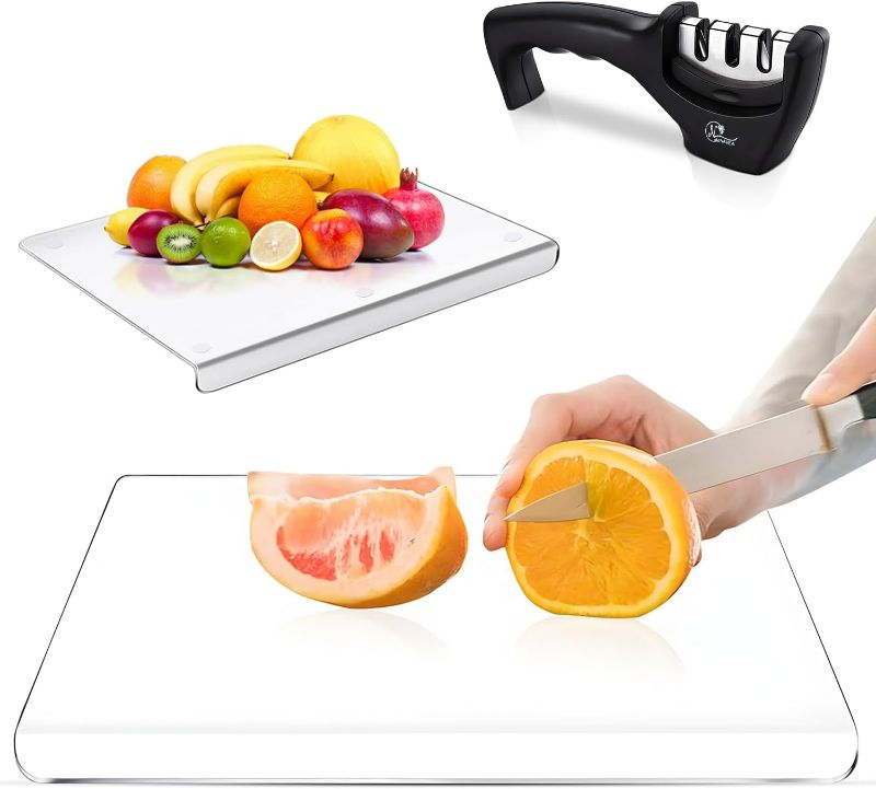 Photo 1 of Navea Acrylic Cutting Board with Counter Lip, Clear, Thick Cutting Board for Kitchen Counter Non Slip with Knife Sharpener included, 17.7x13.7 inch Medium, Kitchen Home Essentials, Giftable