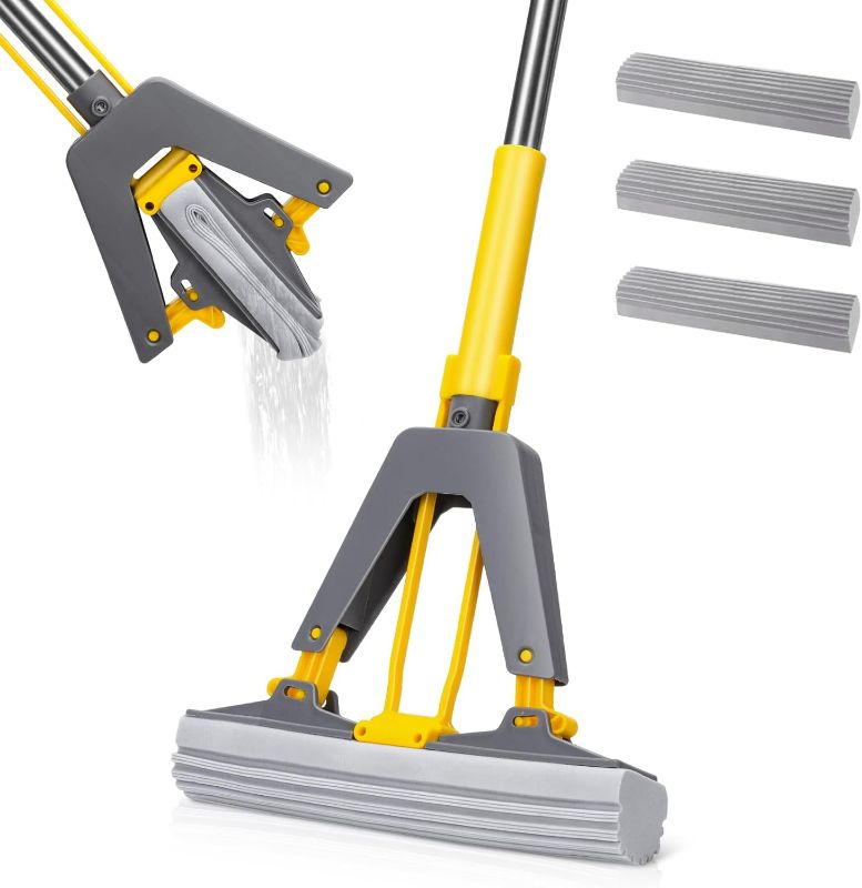 Photo 1 of Masthome Sponge Mop with 3 Absorbent Refills, Self Squeeze and Stainless Steel Handle, PVA Sponge Mops for Floor Cleaning