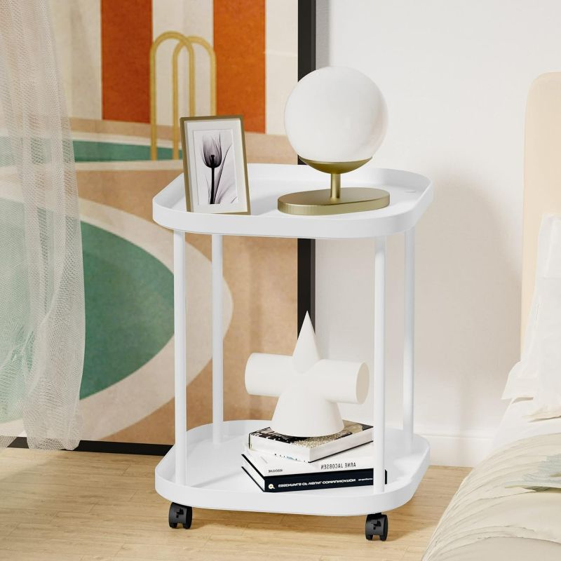 Photo 1 of Side Table with Wheels, End Table Living Room Plastic Mobile Sofa Side Table Small Night Stand Bedroom Matte White
