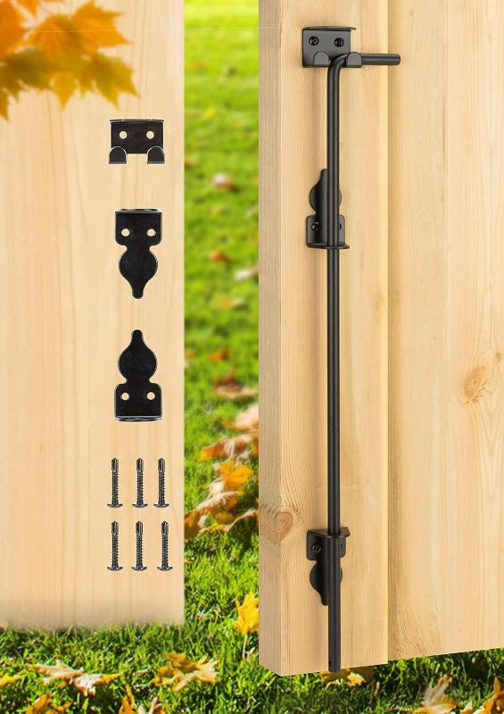 Photo 1 of 24" Heavy Duty Cane Bolt Gate Drop Rod Hardware Ground Latch for Wood PVC Vinyl Metal Fences Gates, Double Doors, Black Solid Steel -1 Pack