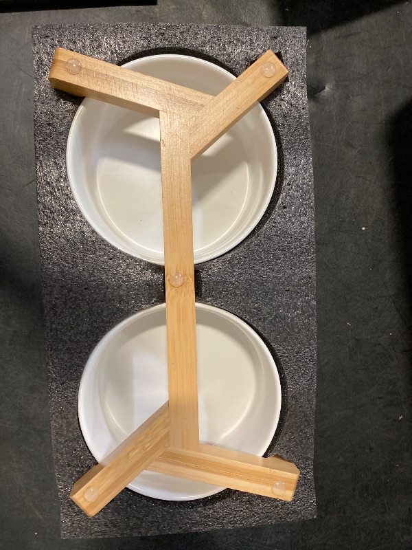 Photo 1 of SPUNKYJUNKY Ceramic Dog and Cat Bowl with Wood Stand Non-Slip Matte Glaze Weighted Food Water Set for Cat Medium Dog 28.7 OZ